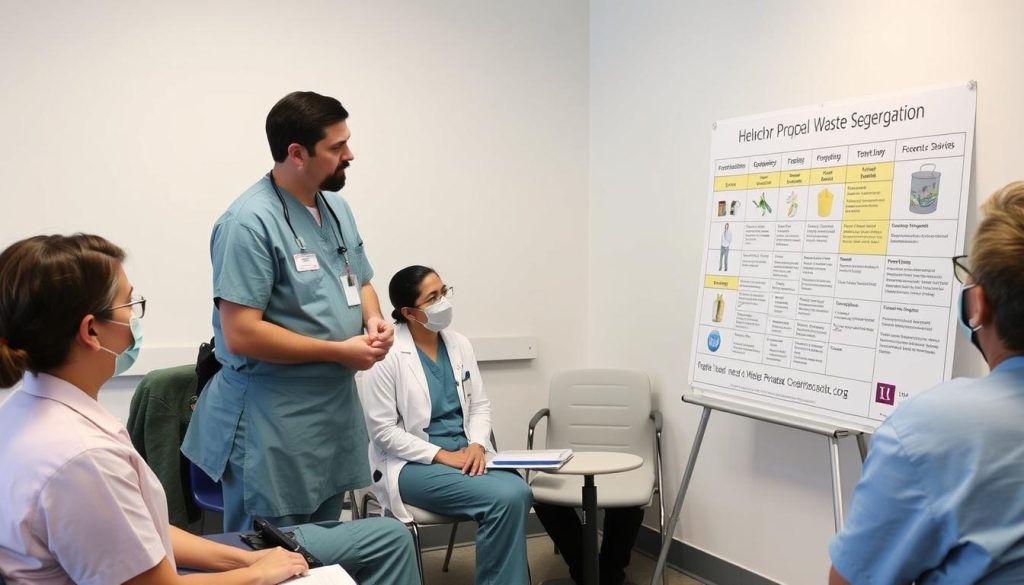 Healthcare staff receiving training on proper waste segregation