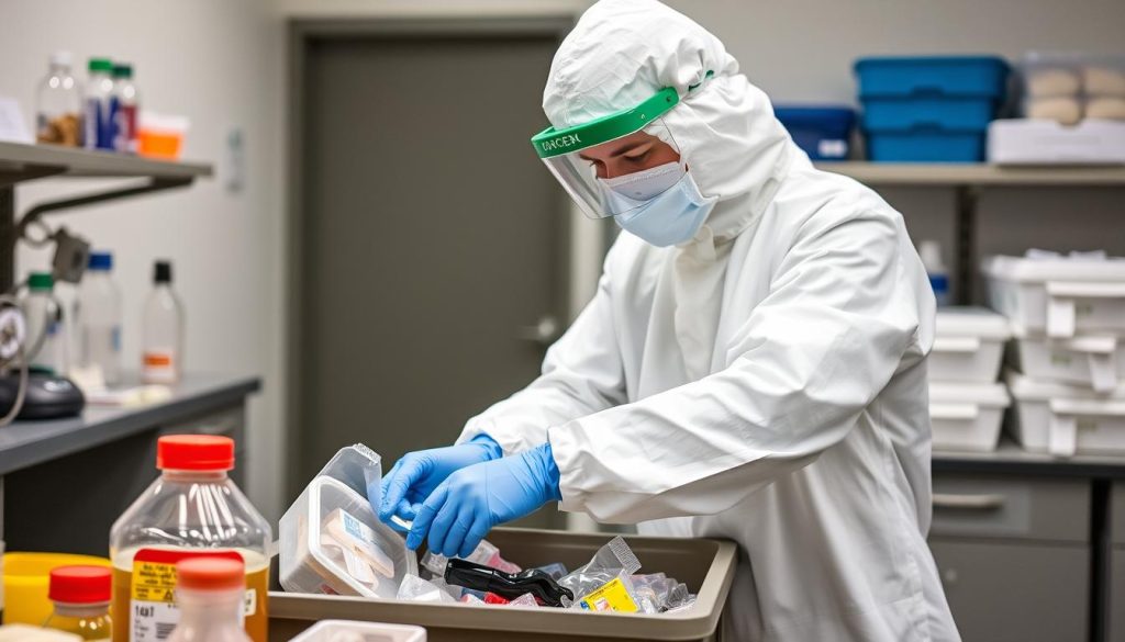 Healthcare worker handling dual-category waste with proper protection