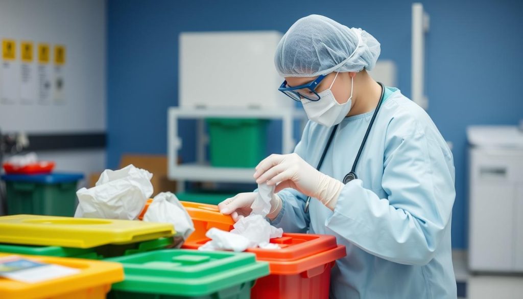 Healthcare worker properly segregating different types of waste showing the difference between hazardous waste and medical waste