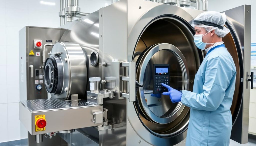 Medical waste autoclave treatment system showing proper disposal methods