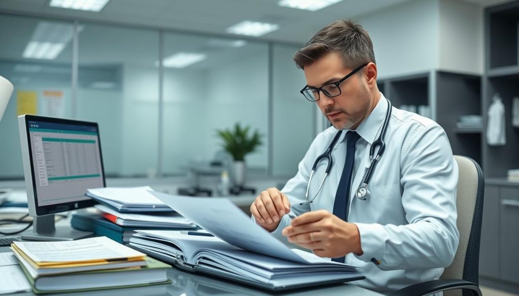 Healthcare professional reviewing surgical waste disposal compliance documentation Healthcare professional reviewing surgical waste disposal compliance documentation