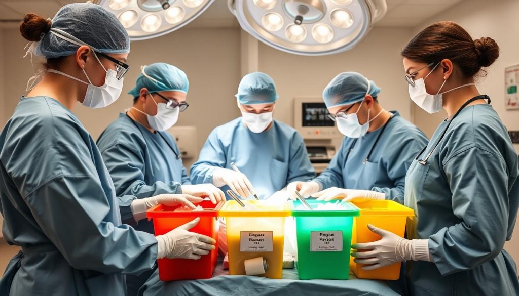 Healthcare staff segregating surgical waste at the point of generation Healthcare staff segregating surgical waste at the point of generation