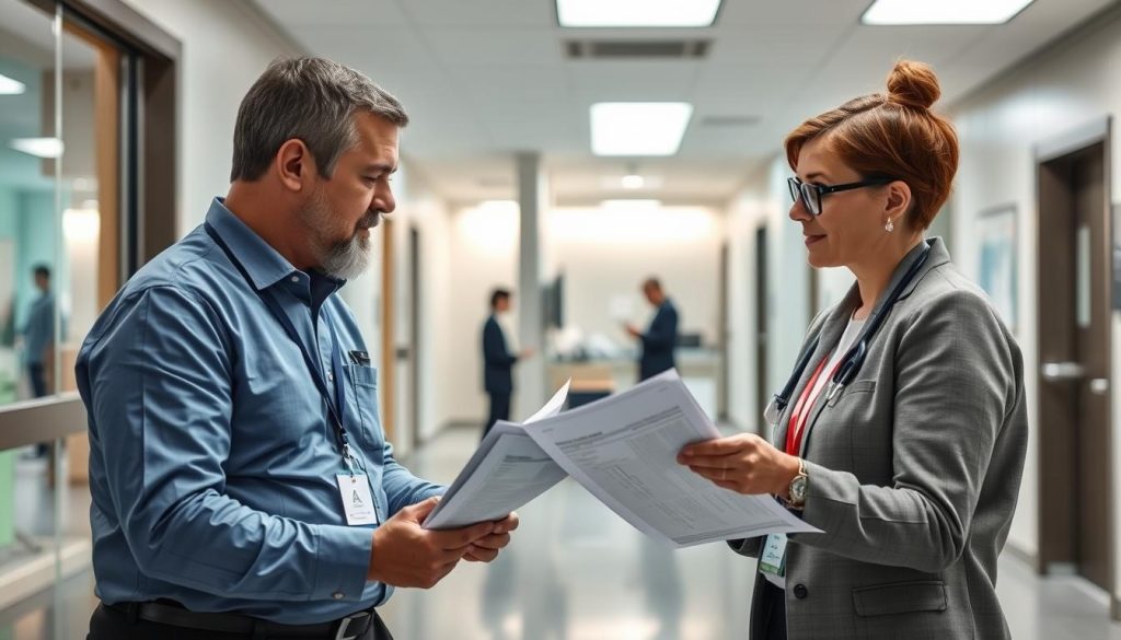 Hospital facility manager discussing waste management solutions with Glycon representative