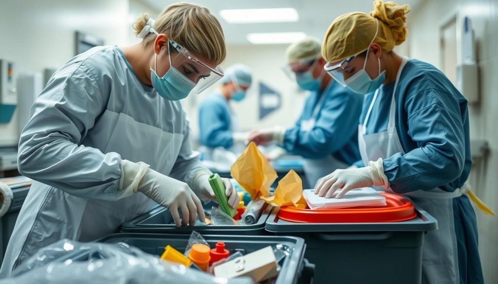 Hospital staff properly separating medical waste into different containers